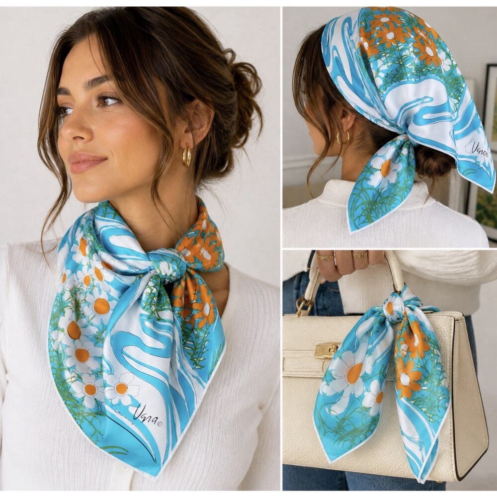 Vintage Vera Neumann Floral Scarf Blue Orange Daisy Mod Retro Square 25x25 Art